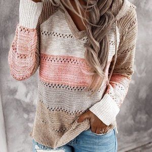 Knitted Colorblock Hollow Out Hooded Sweaters